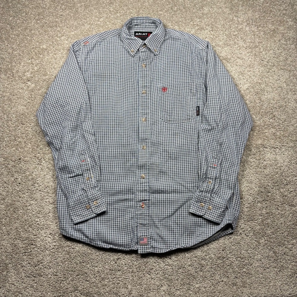 Ariat FR Mens Blue Gingham Flame Resistant Long Sleeve Button Down Shirt Small